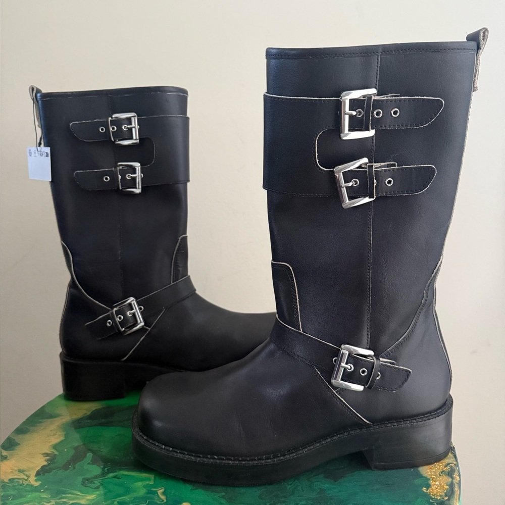 New Zara Black Leather Motorcycle Biker   Boots Size US 8 EU 39
